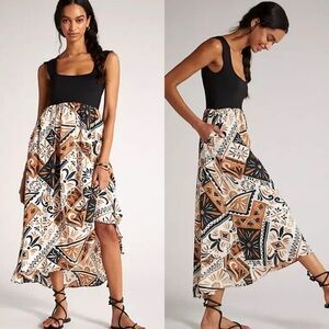 Anthropologie Black and Brown Patterned Midi Dress